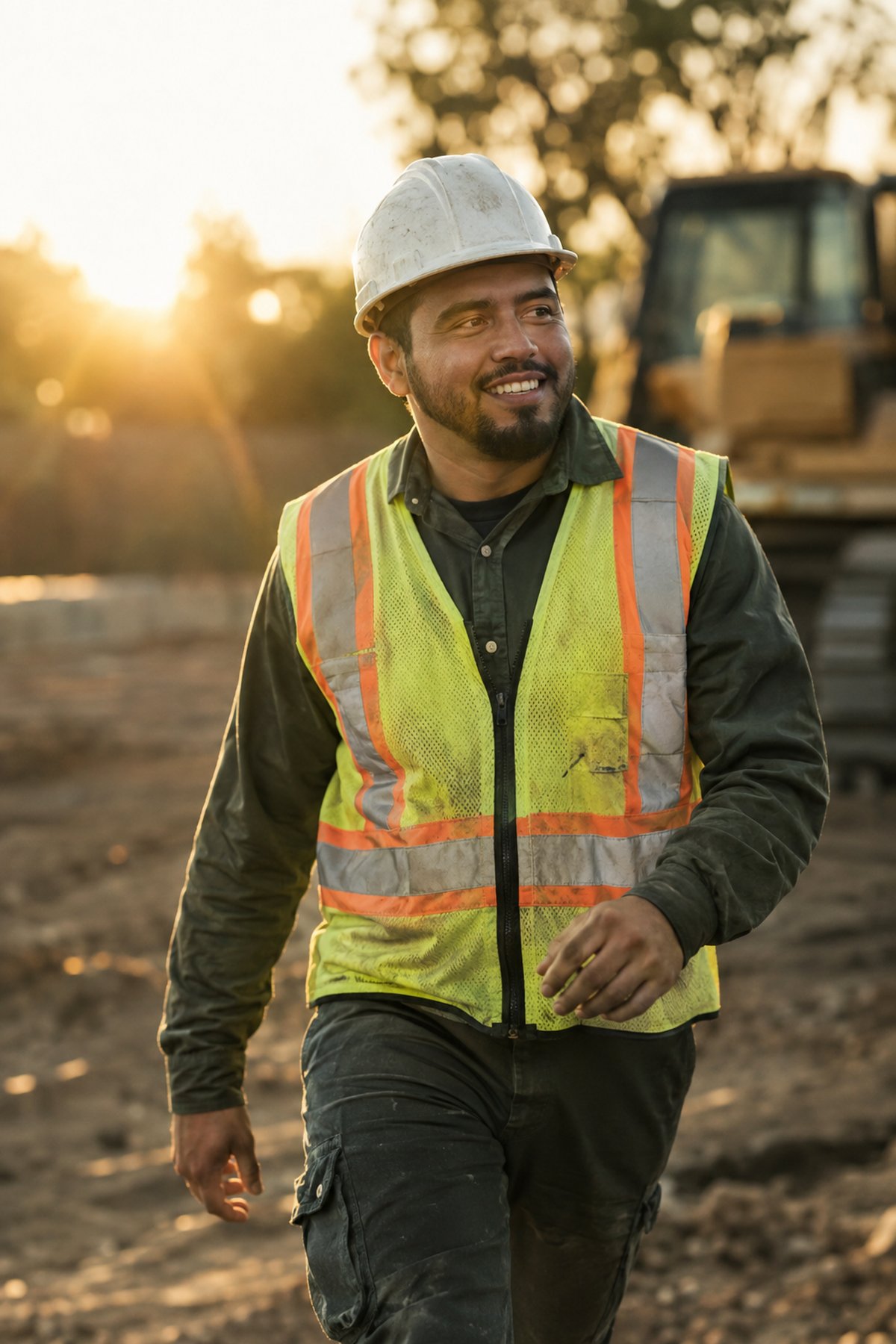 An independent contractor in work uniform and safety vest walking across a job site at sunset