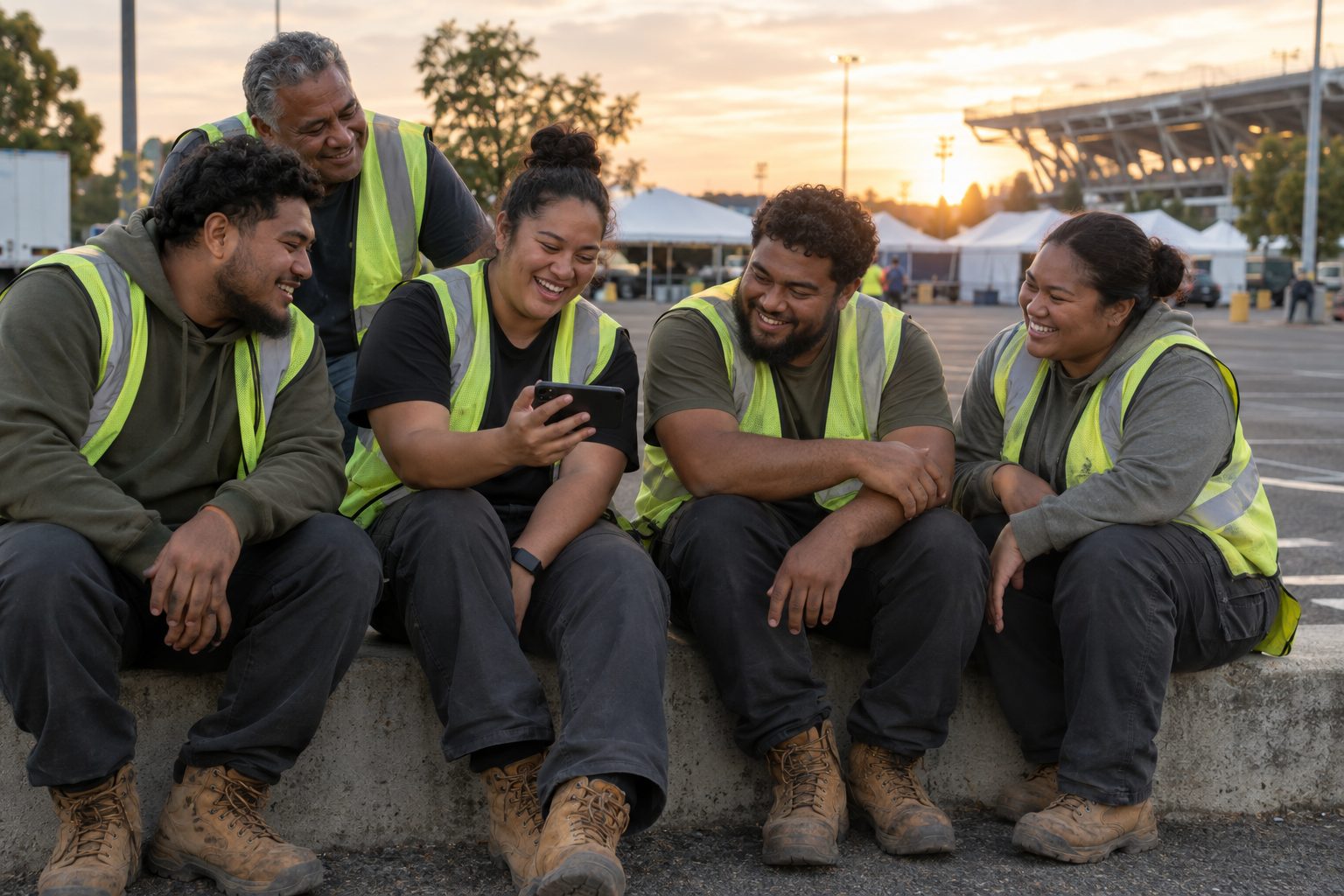 A group of Pacific Islander event crew members in safety vests sit together after a shift, watching a training video on a phone and laughing.